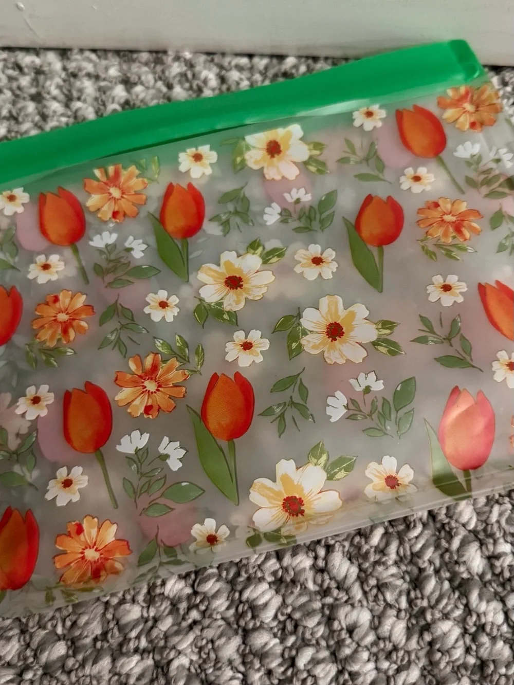 Reusable Floral Silicone Storage Bag - Green, Orange Tulip Design (small tear)